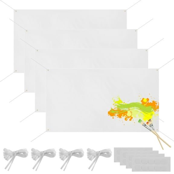 4 Pcs Large Blank Banners, 3×6 ft Customizable Fabric Graffitis for Art, White DIY Polyester Banners with Hanging Ropes & Stickers, Sublimation Banners for Indoor Outdoor Display