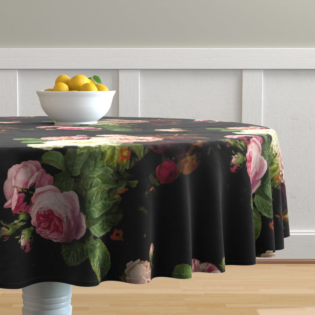 Round Tablecloth Pink Roses Dark Floral Flowers On Black White Cotton Sateen 