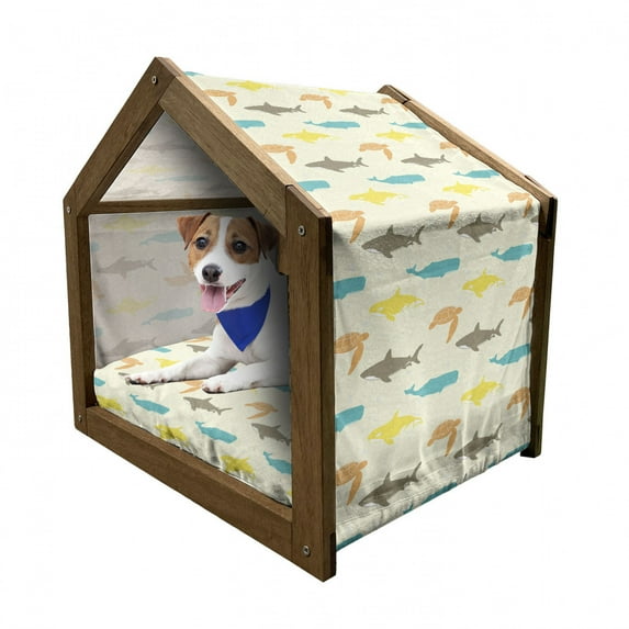 Animal Pet House, Pattern with Whale Shark and Turtle Aquarium Doodle Style Marine Life, Outdoor & Indoor Portable Dog Kennel with Pillow and Cover, 5 Sizes, Ivory Taupe Peach, by Ambesonne