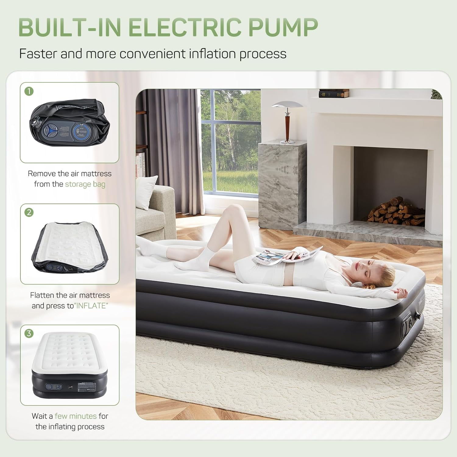 Air Mattress Queen with Built in Pump, 22 Inch Elevated Quick Inflation/Deflation Inflatable Beds, High Durability Blow Up Mattresses for Camping, Indoor Colchon, Guests Air Bed, Black