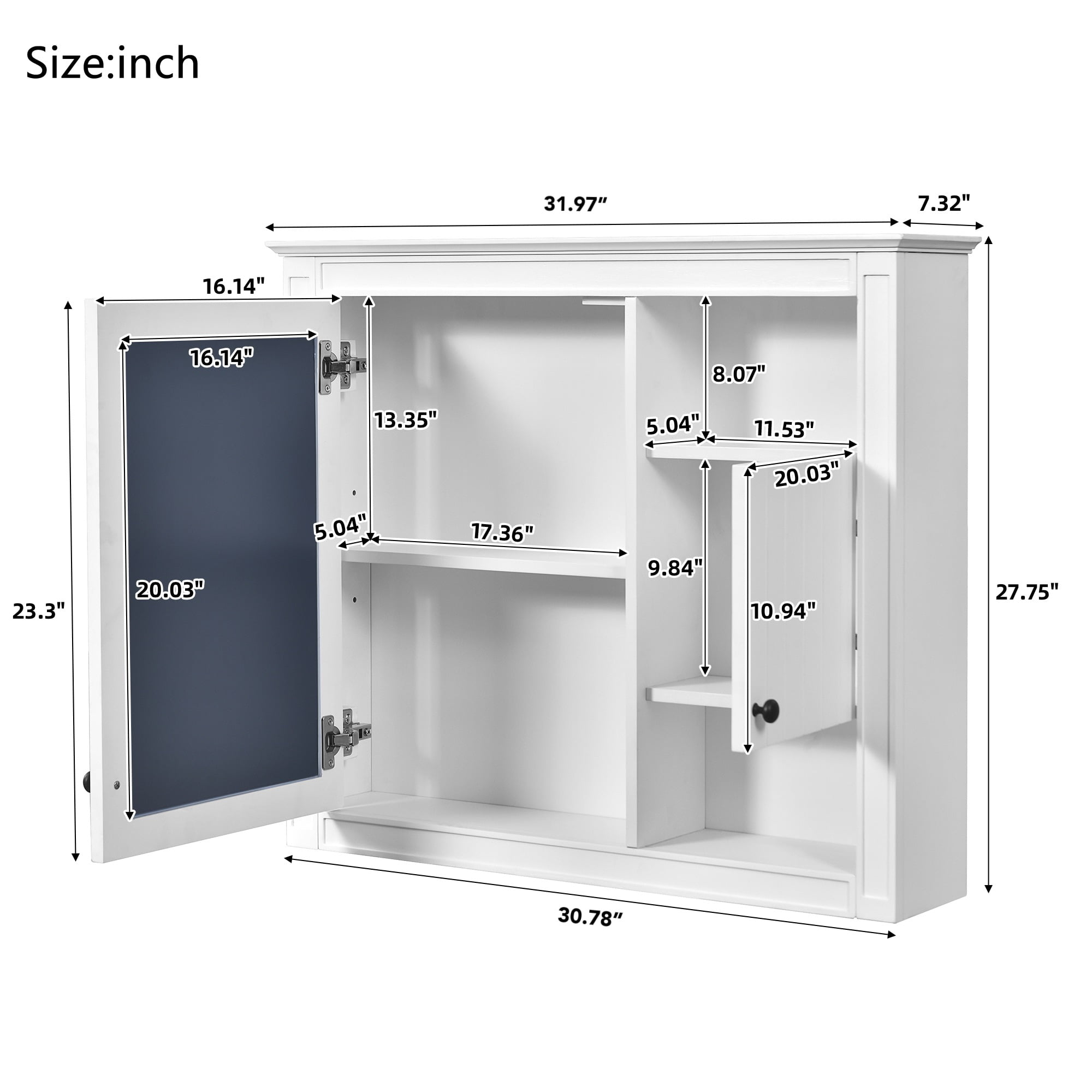MAYEERTY 32'' White Bathroom Wall Cabinet with Mirror, Wall Mounted Medicine Cabinet – 3 Shelves, Over Toilet Storage