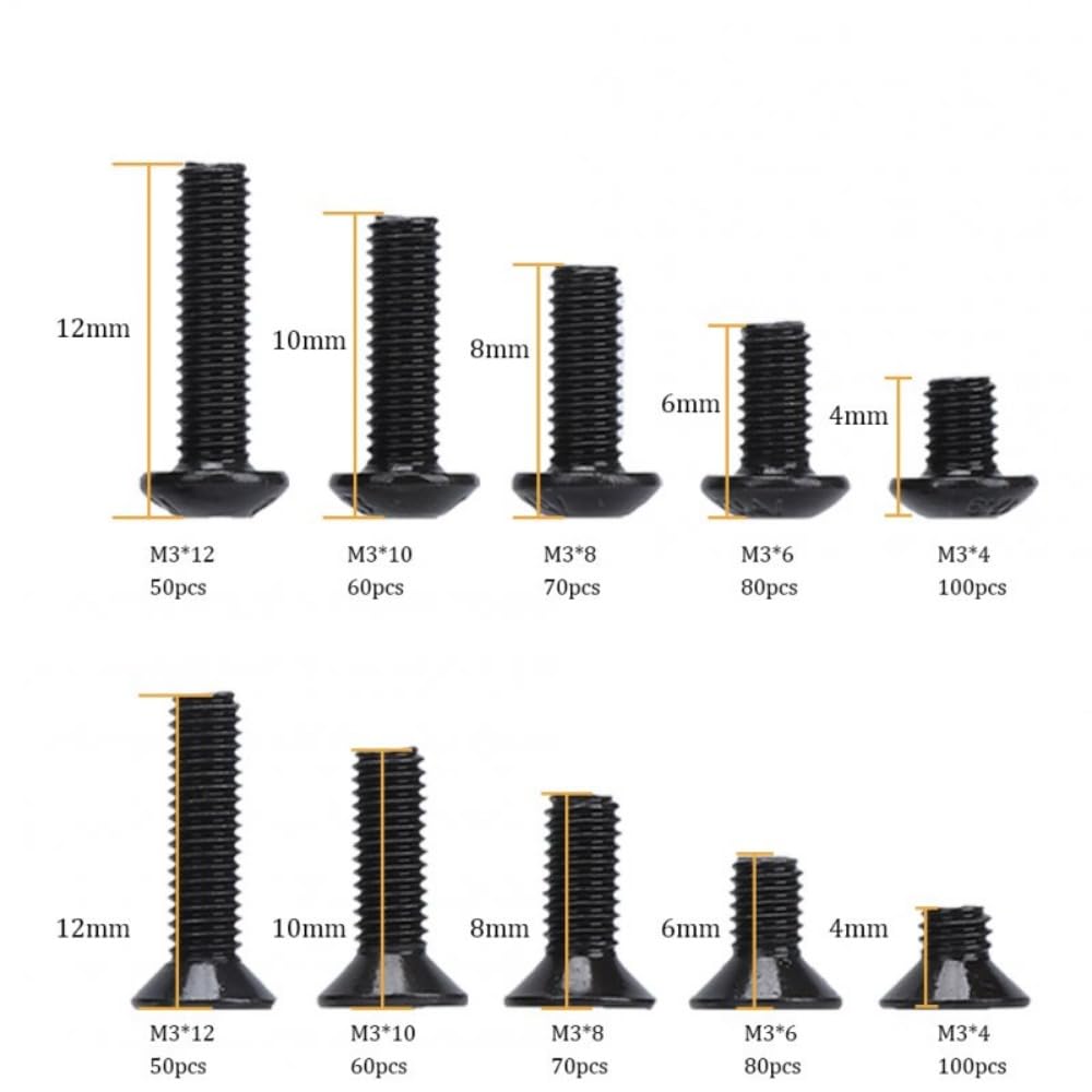 720pcs M3 Hex Screw Assorted Kit 4mm 6mm 8mm 10mm 12mm High-strength Button Head Flat Head Screw Combination Set