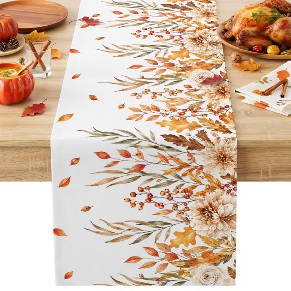 Autumn Eucalyptus Leaves Cotton Linen Table Runner Orange Falling Leaf Floral Fruit Farm Dining Table Runners for Home Decor Party Dining Room Restaurant Kitchen Party 13" x 108"