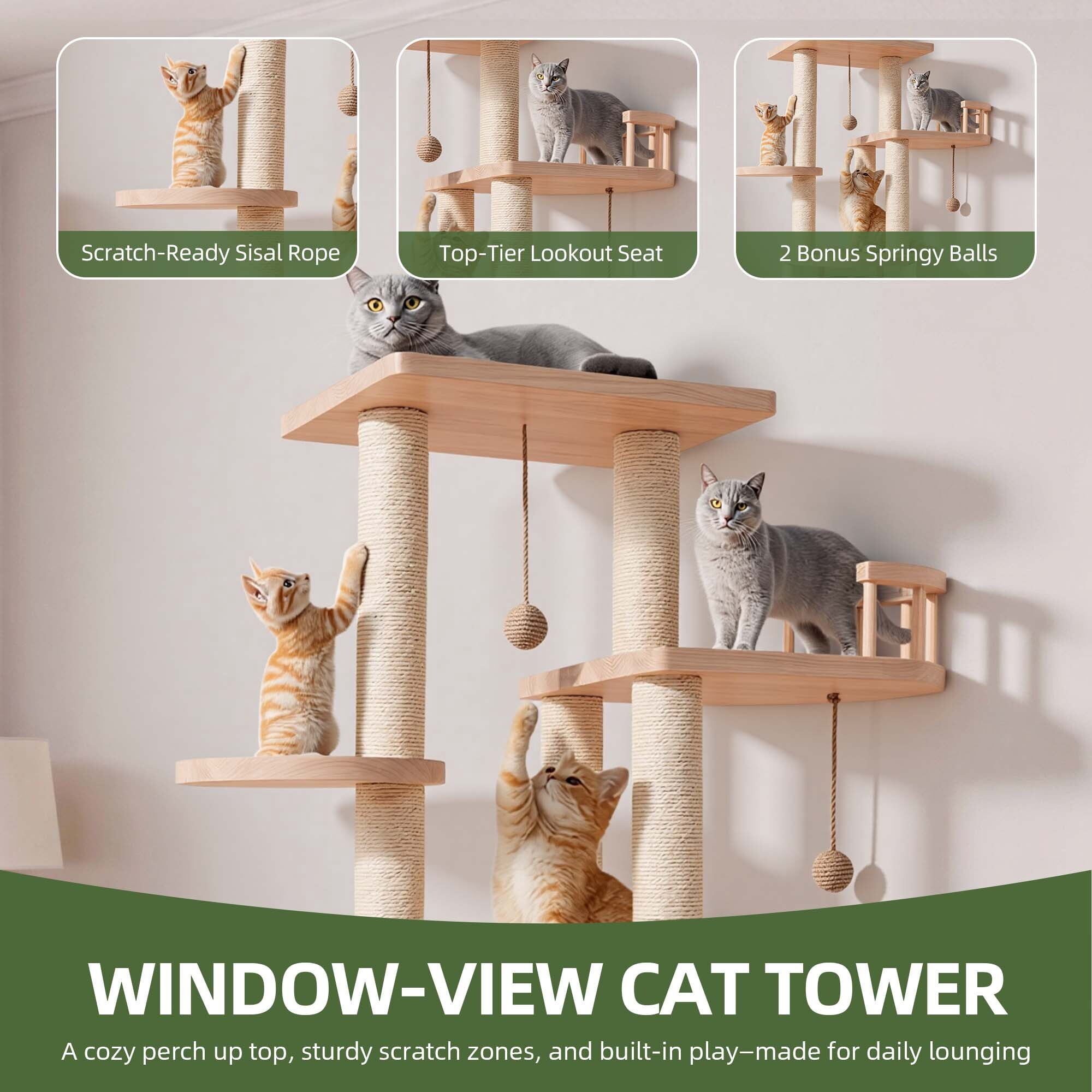 Uforic 40 in Solid Pine Wood Cat Tree, Multi-Level Cat Tower with Cat House, Observation Perches, Plush Bed & Sisal Scratching Posts, Indoor Cat Furniture