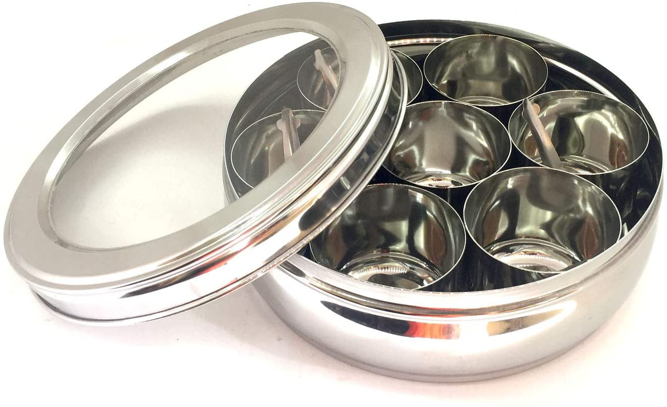 Spice Box Stainless Steel Indian Masala Dabba 7 Spice Storage Container 1 spoon 