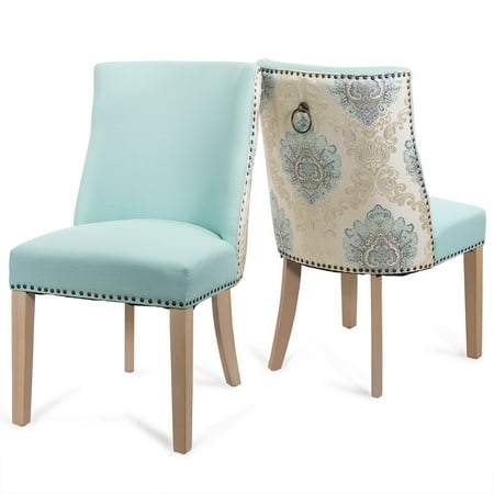 Barton Set of 2 High-Back Soft Leather Stylish Dining Chair Nailhead Trim Rear Ring Pull  Blue/Gold