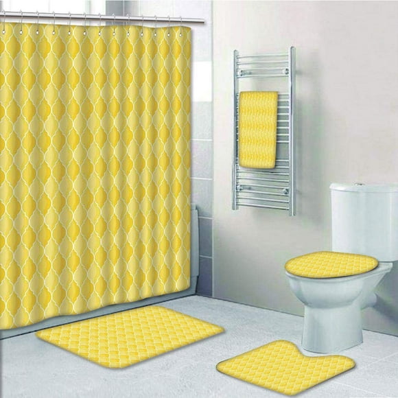 EREHome Quatrefoil Moroccan Oval Geometric Ombre Merigold 5 Piece Bathroom Set Shower Curtain Bath Towel Bath Rug Contour Mat and Toilet Lid Cover