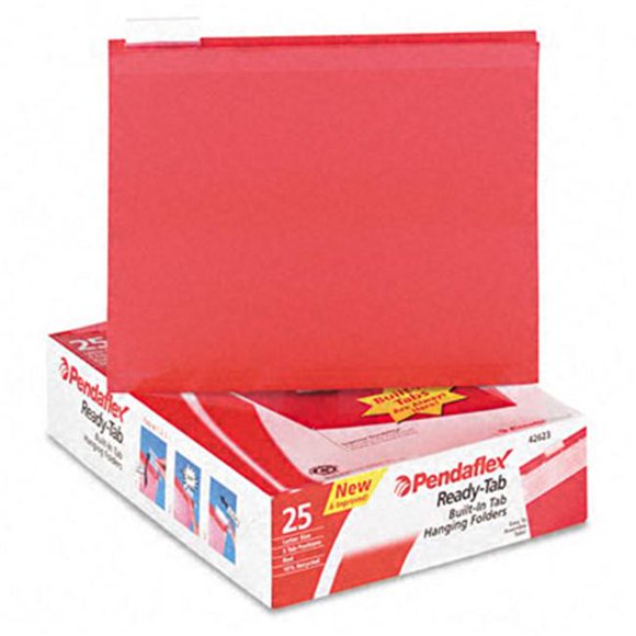 Pendaflex 42623 Ready-Tab Reinforced Hanging File Folders- 1/5 Tab- Letter- Red- 25/Box