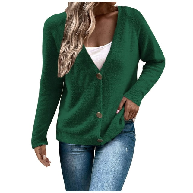 Yuyuzo Cardigan Sweater for Women V Neck Long Sleeve Button Plush Tops Fall Winter Solid Color Outwear