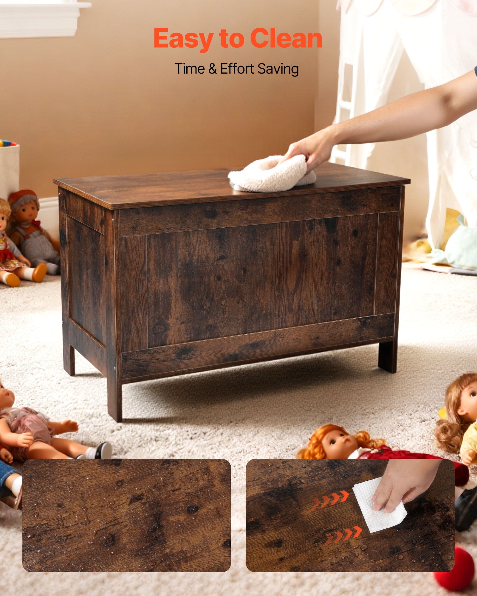 VEVOR Kids Storage Bench, Wooden Toy Box Chest, Large Storage Cabinet with Safety Hinge, Toddlers Retro Storage Bench for Playroom, Living Room or Entryway, 29.7 x 15.3 x 18.9", Easy Assembly, Brown