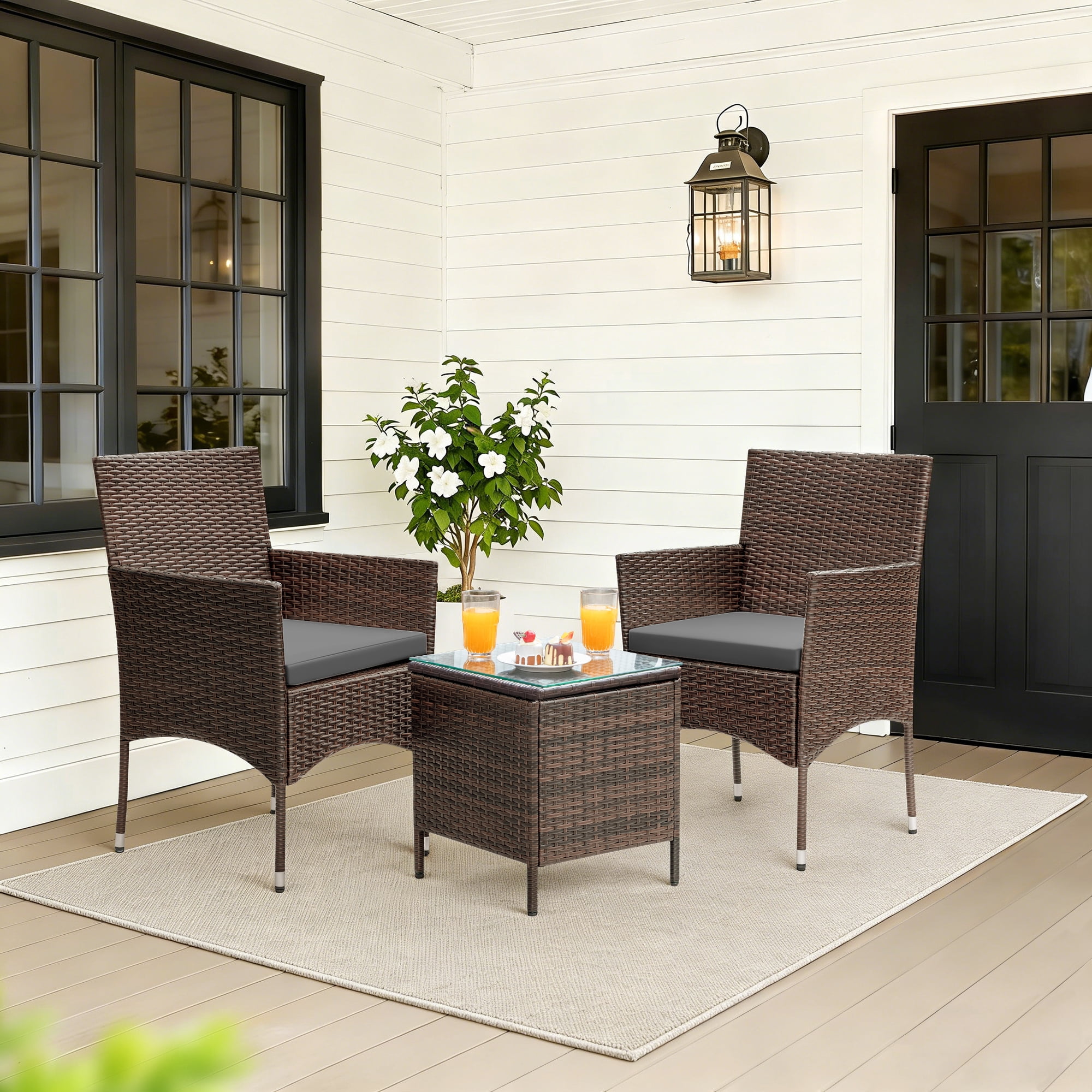 Lacoo 3 Pieces Outdoor Patio Furniture Gray PE Rattan Wicker Table and Chairs Sets Bar Set with Cushioned Tempered Glass , Brown / Gray