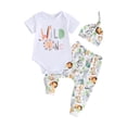 thumbnail image 2 of Baby Boy Pants Outfits Letter Print Short Sleeve Romper with Animal Lion Print Pants and Hat Set, 2 of 10