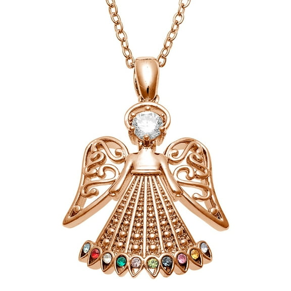 Personalized Planet Rhodium, Gold or Rose Gold Plated Family Birthstone Filigree Angel Necklace ,Women's