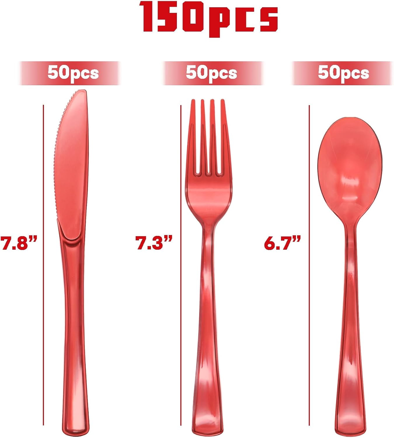 150 Pack Red Plastic Silverware, Red Utensils Heavy Duty, Disposable Plastic Cutlery Include 50 Forks, 50 Spoons, 50 Knives for Birthday, Party, Christmas, New Year