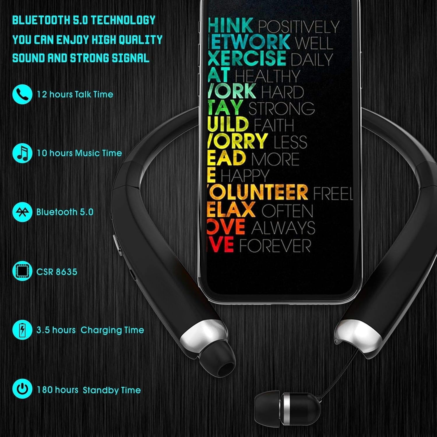 Foldable Bluetooth Headphones, Wireless Neckband Sports Headset with Retractable Earbuds, Sweatproof Noise Cancelling Stereo Earphones with Mic