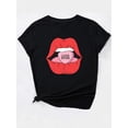 thumbnail image 3 of Camiseta De Mujer Verano Ropa Informal Suelta Camiseta Básica De Moda Para La Calle DiariaBlack Women's Casual Fashion Top with Big Red Mouth Print and Love Bite, Round Neck Short Sleeve T-shirtFath, 3 of 6
