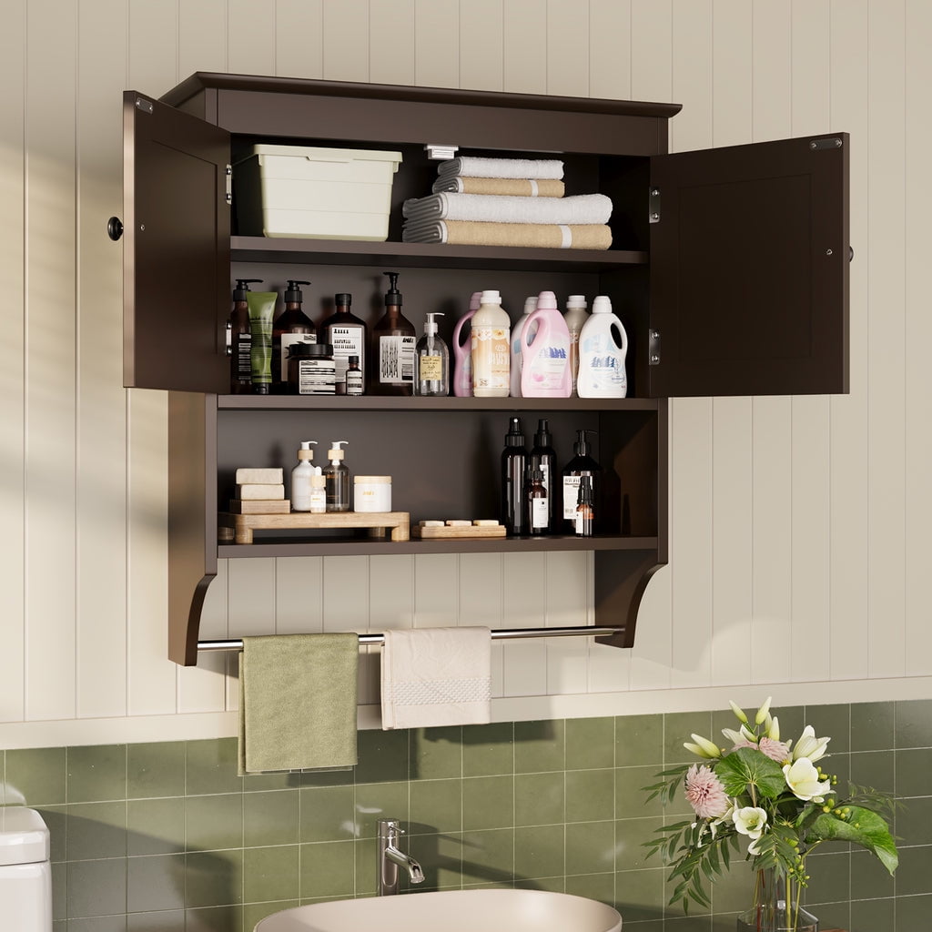 Aiho Medicine Cabinet Bathroom Organizer, Double Door Wall Mounted Storage Mirror Cabinet with Adjustable Shelves - Dark Brown