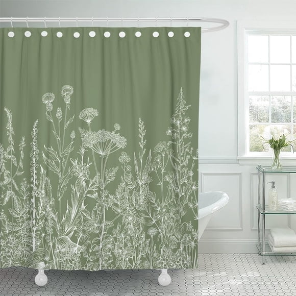 Rideau de Douche Floral Vert Sauge Bordure Herbes Blanches et Fleurs Sauvages Botanique Gravure Vintage Tissu Polyester Imperméable 72 x 72 Pouces avec Crochets