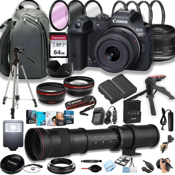 Canon EOS R7 Mirrorless Digital Camera with RF-S 18-45mm Lens, 420-800mm Telephoto Lens, Accessories, 32.5 MP, Black, 1 New (International Version)