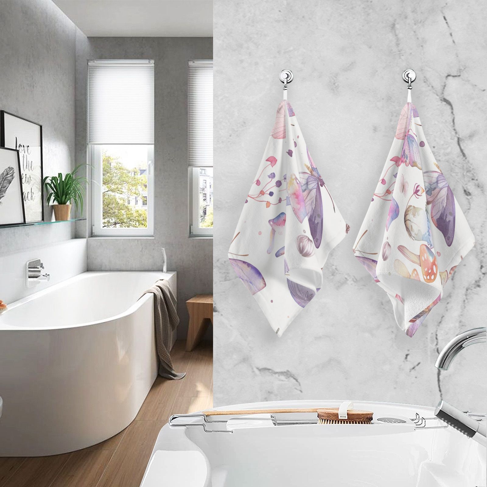 Watercolor Butterflies Mushrooms Hand Towels Cotton Bath Towels Large Face Towels Absorbent for Bathroom 2 Packs