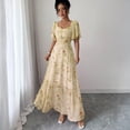 thumbnail image 4 of Womens Summer Dresses, Floral Chiffon Long Maxi Dress, Square Neck Puff Sleeve Ruched Waist Flowy Dress Yellow S, 4 of 6