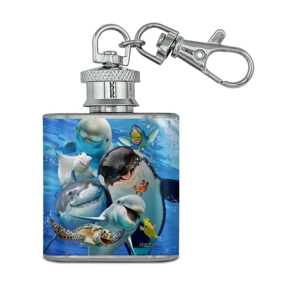 Ocean Selfie Shark Dolphin Sea Turtle Stingray Clown Fish Stainless Steel 1oz Mini Flask Key Chain