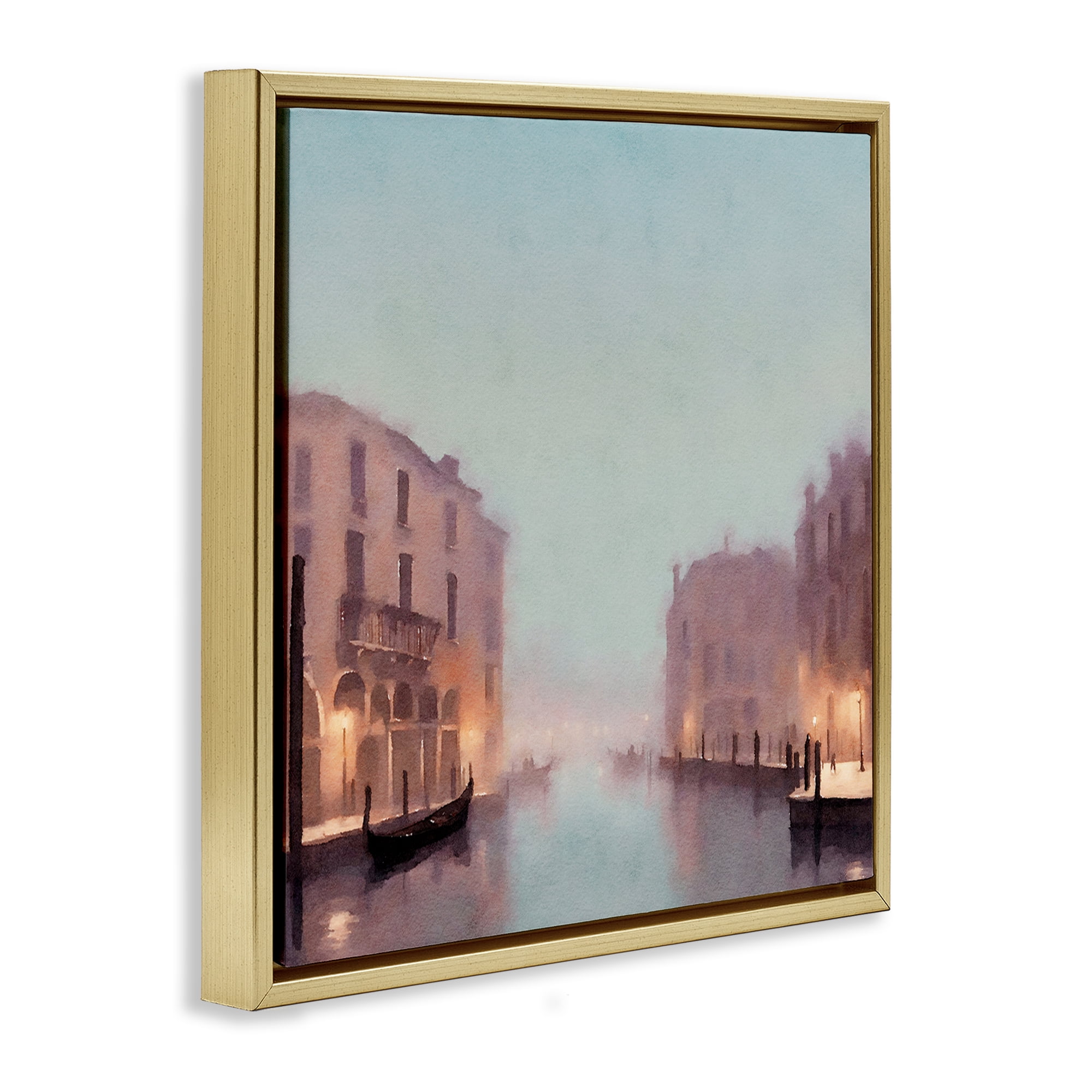 Stupell Industries Lights In Misty Canal Buildings & Architecture Painting Gold Floater Framed Canvas Art Print Wall Art, 25 x 25