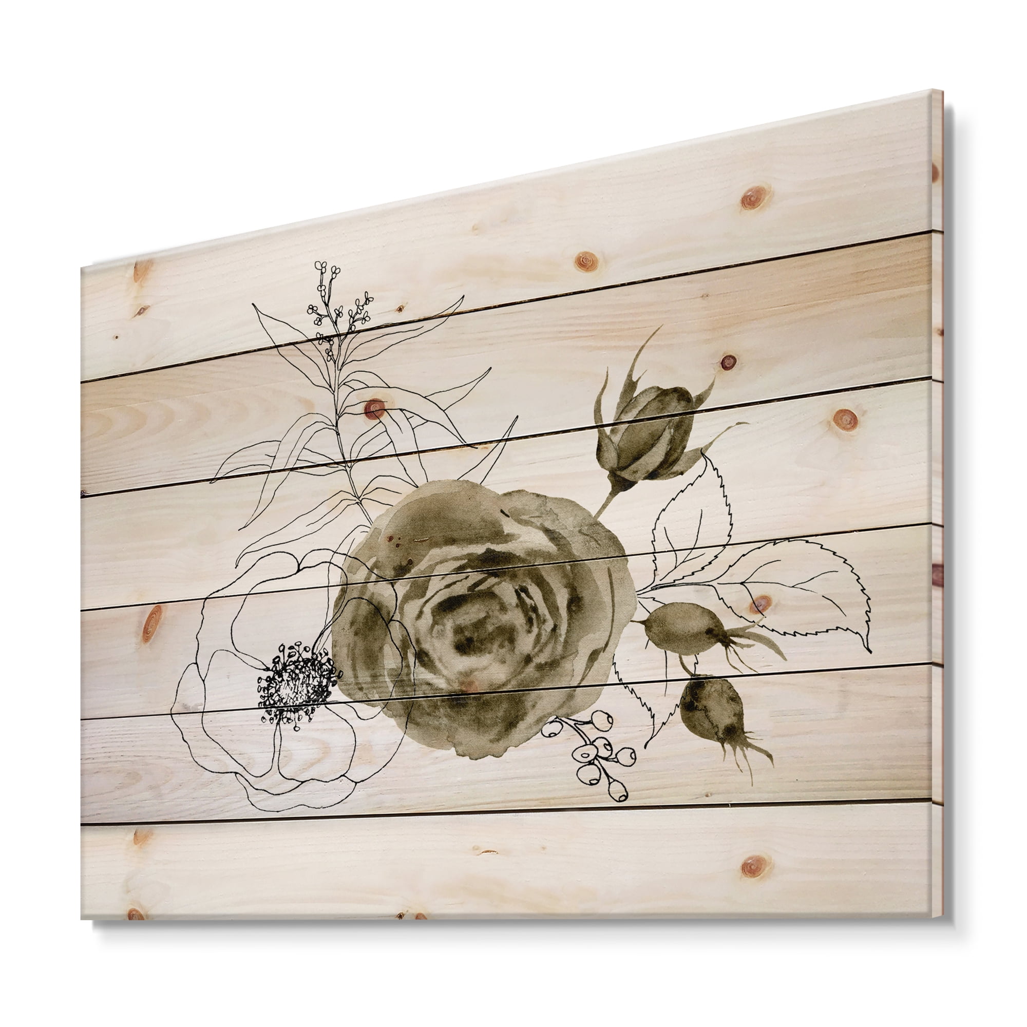 Designart 'Eucalyptus Branches With Anemone Bouquet Flower I' Traditional Print on Natural Pine Wood