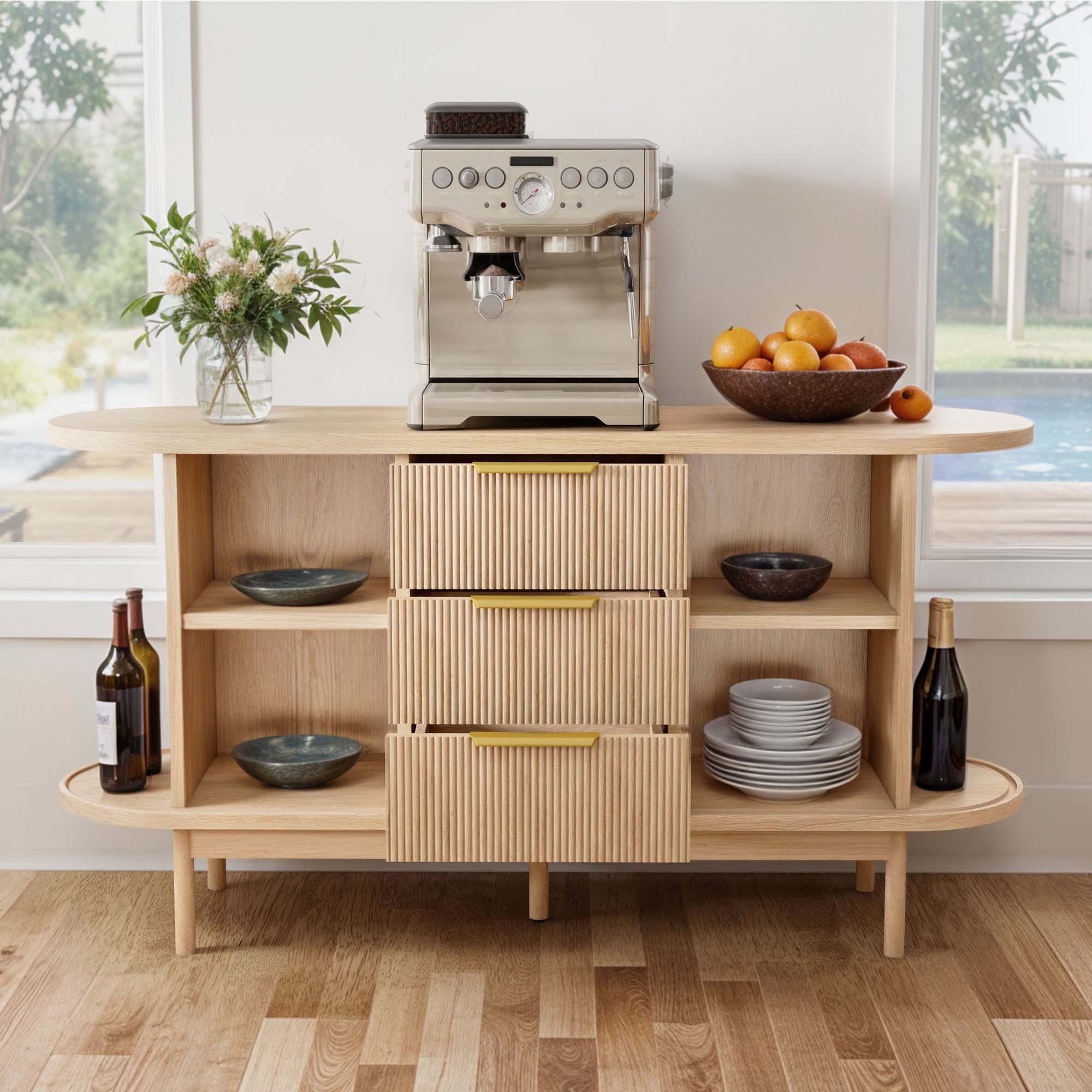 Uforic Fluted Sideboard with Drawers, Modern Buffet Cabinet with Storage & Adjustable Shelves, Oak