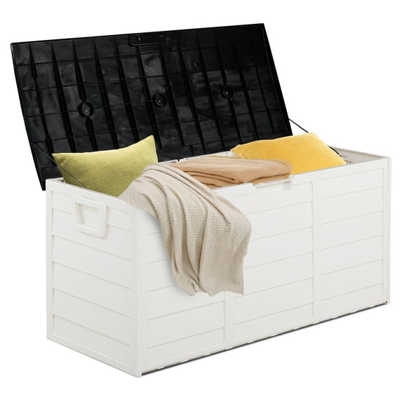 75-Gallon White Plastic Yard Storage Bin with Black Lid, Wood Grain Finish, Two Wheels, Injection Molded Outdoor Deck Box for Tools, Cushions, or Toys