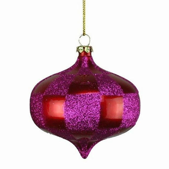4 Pack of Red and Hot Pink Checkered Onion Ornaments with Glitter Enhancements