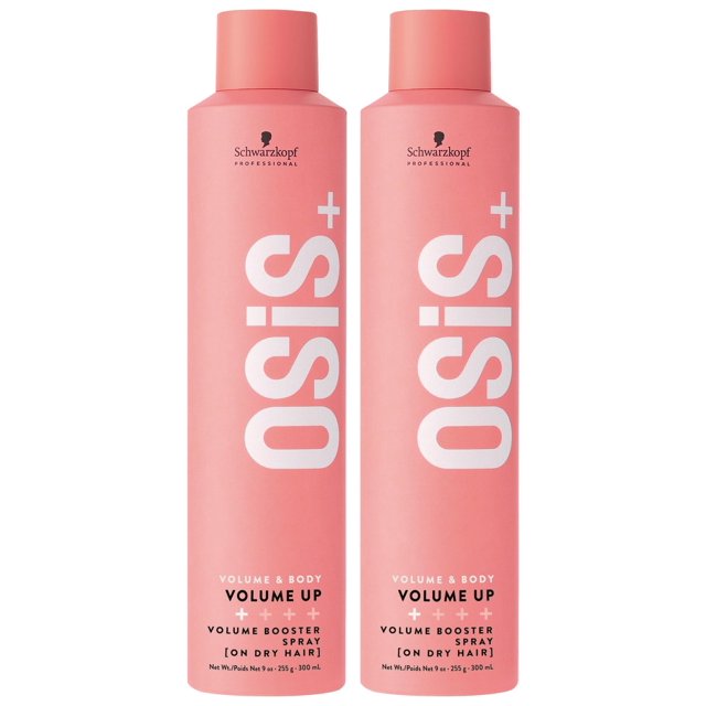 spray voluminizador para cabello osis+ volume up booster 265 ml (paquete de 2) Dos latas cilíndricas rosas de frente con tapa rosada, logotipo Schwarzkopf arriba y texto vertical blanco "OSiS+" grande; etiqueta inferior indica "VOLUME UP + BOOSTER SPRAY" y capacidad 265 ml. Fondo blanco neutro; adecuado para buscar spray texturizante para dar volumen y cuerpo; a menudo se usa para añadir cuerpo y textura en retoques rápidos.