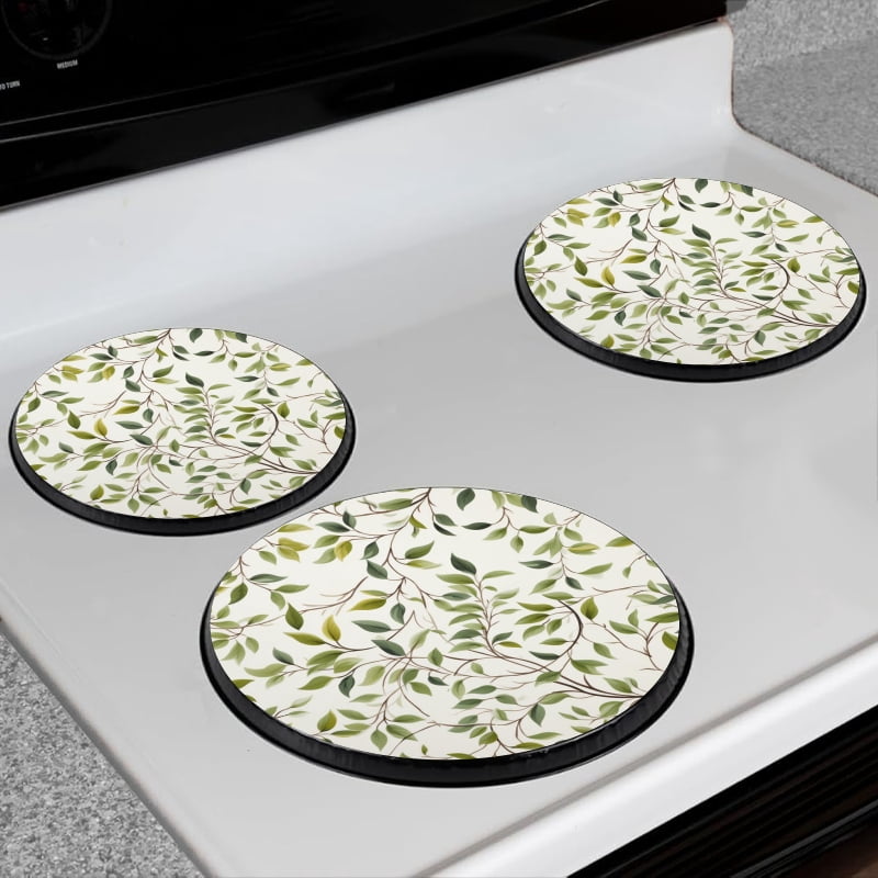 BaHomeck Electric Stove Burner Covers Set of 4,Round Metal Gas Stove Burner Covers 8 Inch and 10 Inch,Kitchen Decor,Hand-Painted Leaves And Branches On White Background