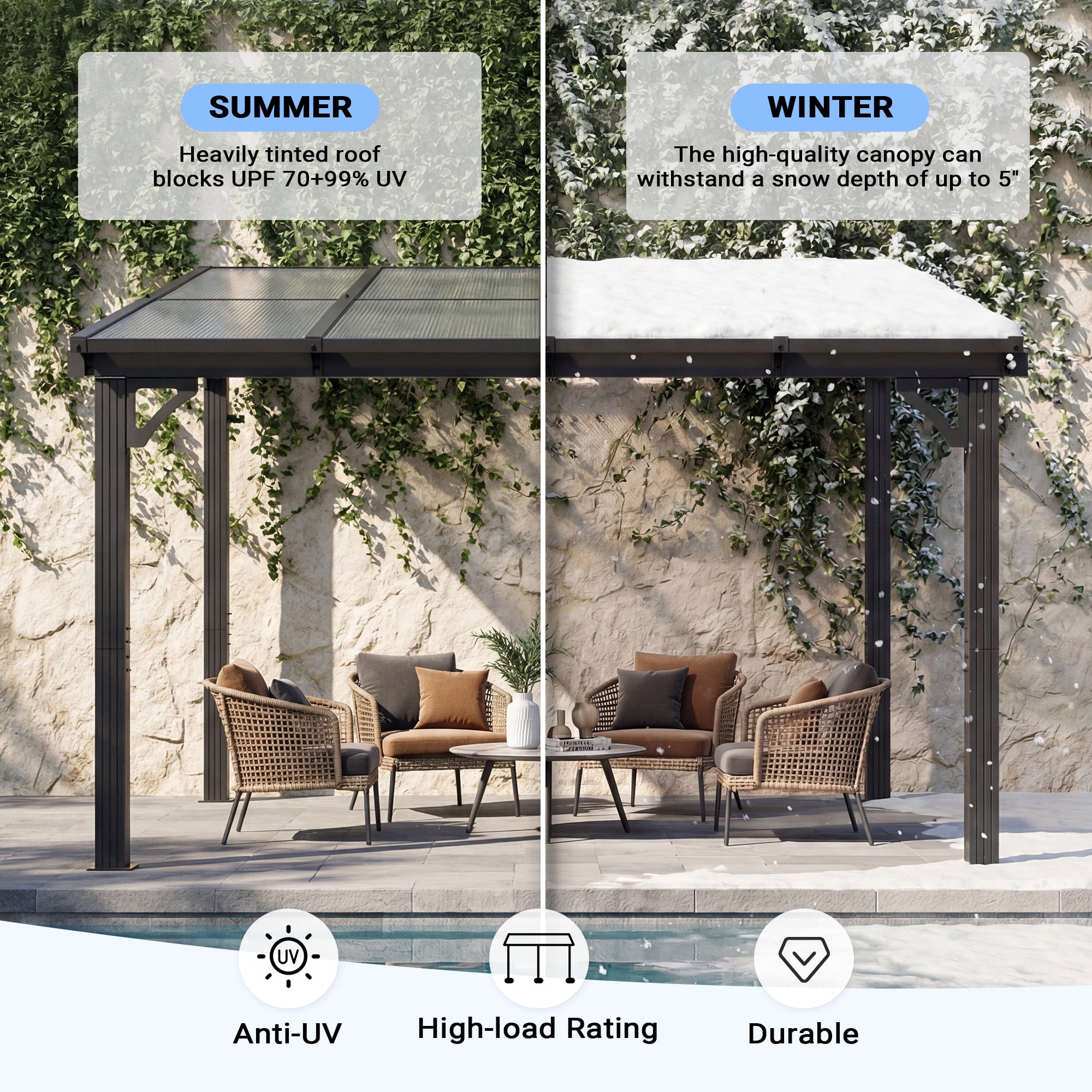 NETAJE 10'x8' Wall Mounted Pergola, Permanent Hardtop Aluminum Gazebo with Polycarbonate Roof for Patio Backyard Deck