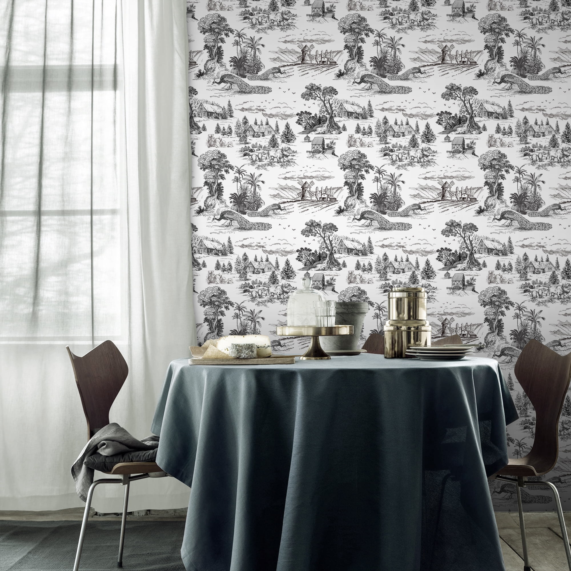 (3 pack) Abyssaly Peel and Stick Wallpaper Black Contact Wallpaper 17.7" x 118" Vintage Peacock Contact Paper Removable Self-Adhesive Wall Paper for Kitchen Bedroom Living Room Cabinets Shelf Contertop