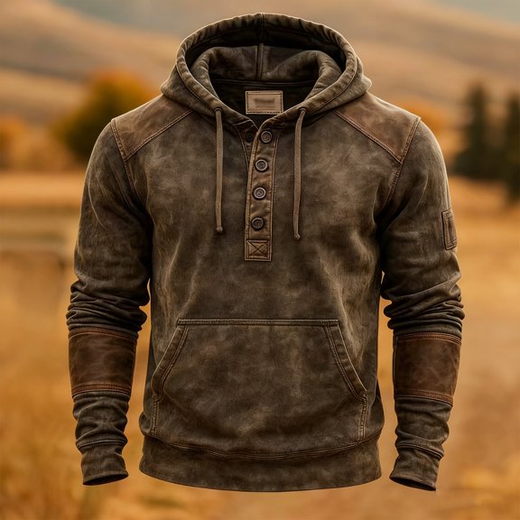RUTAYY Men's Long Sleeve Hoodie Vintage Wash Henley Button Placket Contrast Patch Adjustable Drawstring Casual Sweatshirt Brown