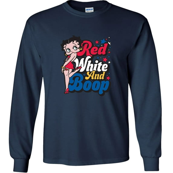 Fair Game Betty Boop Long Sleeve Shirt Red White and Boop-Navy-XL