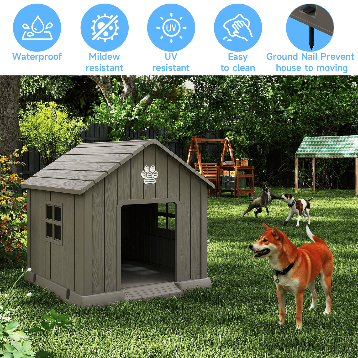 fazzn Durable Waterproof Resin Dog House for Small to Large Sized Dogs, Indoor Outdoor Doghouse Puppy Shelter with Elevated Floor, Easy to Assemble .Blue/Brown.Father's Day Gift