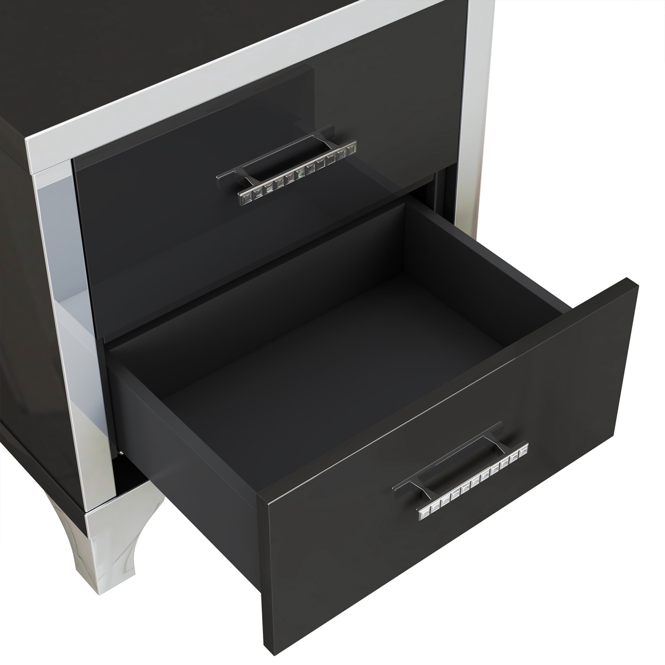 Noble House High Gloss Nightstand with 2 Drawers, Mirrored Bedside Table with Metal Handles, Black