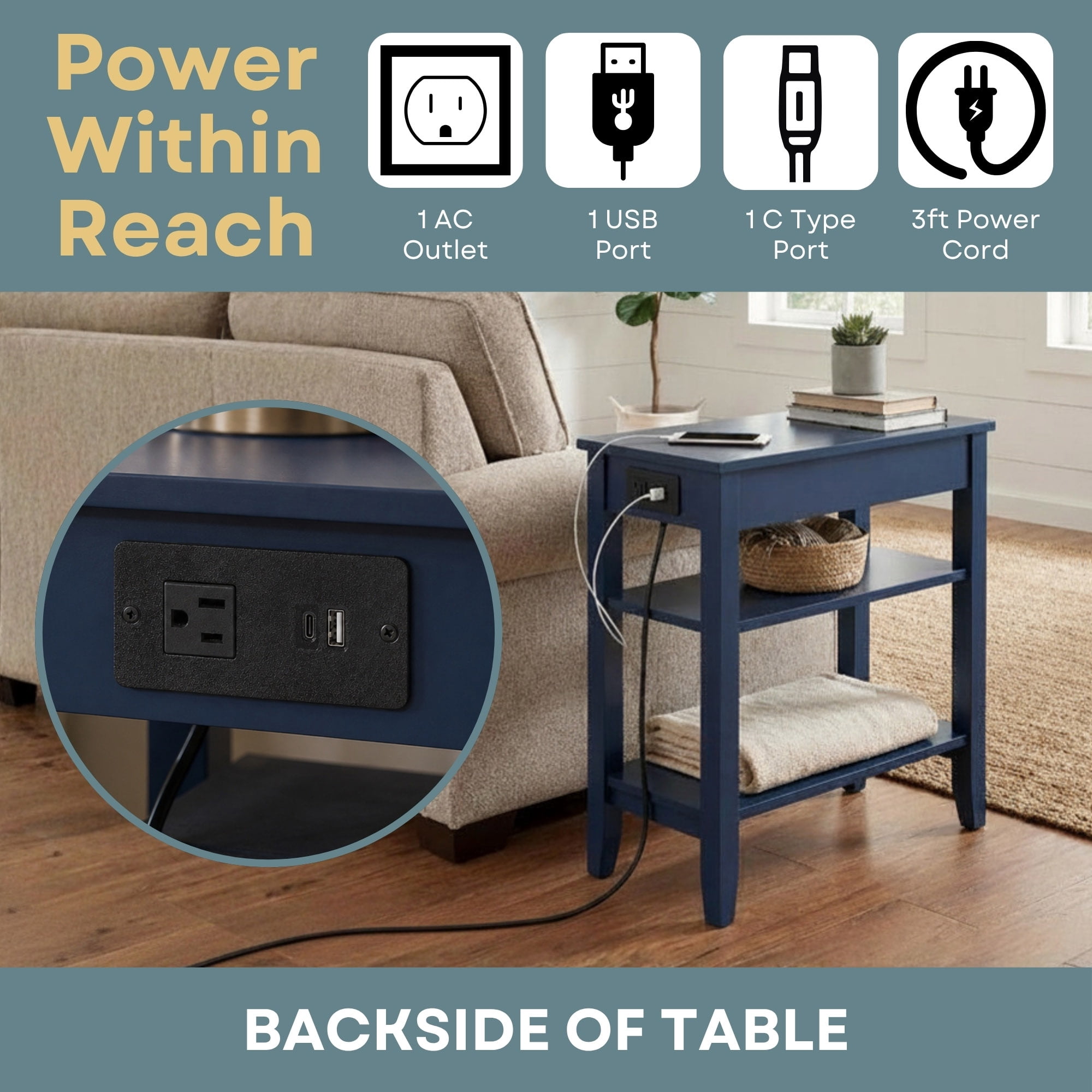 Convenience Concepts American Heritage 1 Drawer Chairside End Table with Charging Station and Shelves, Cobalt Blue