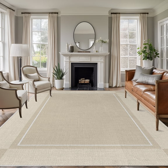 Beige Plaid 5'x7' Area Rug, Vintage Minimalist Geometric Washable Non-Slip Soft Rugs, Low-Pile Large Carpet for Living Room Bedroom Dining Room, Non-Shedding Accent Rug