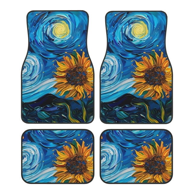 Kdxio Starry Night Sunflower Field Print Car Floor Mats Universal SUV Front Rear Floor Foot Mats 4-Piece Full Set with Non-Slip Rubber Backing Car Accessories for Most Cars