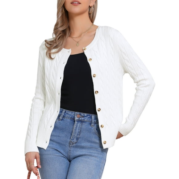Suéter Cardigan INSPIRE CHIC para mujer, cuello redondo, con botones, de manga larga, casual, tejido, XS, blanco
