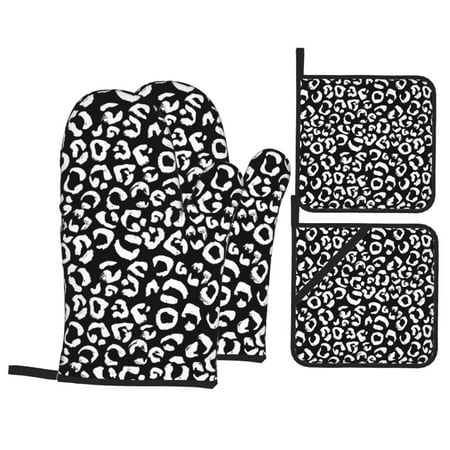 

Oven Mitts and Pot Holders Sets 4 pcs - Leopard cool black white print Heat Resistant Silicone Oven Gloves with Non-Slip Silicone Surface and hot pads for kitchen Baking Cooking BBQ