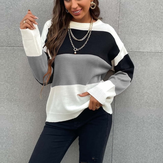 RKSTN Sweaters for Women Mode Casual Pull Tricot Rayé Intercolor Manches Longues Pull à Col Rond Tricot Automne Sweaters