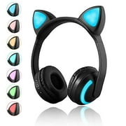 Wireless Bluetooth Cat Ear Headphones with Mic 7 Colors LED Light Flashing Glowing On-Ear Stereo Headset Compatible with Smartphones PC Tablet