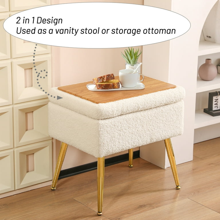 Faux Fur Upholstered Storage Ottoman Rectangle Vanity Bench Modern