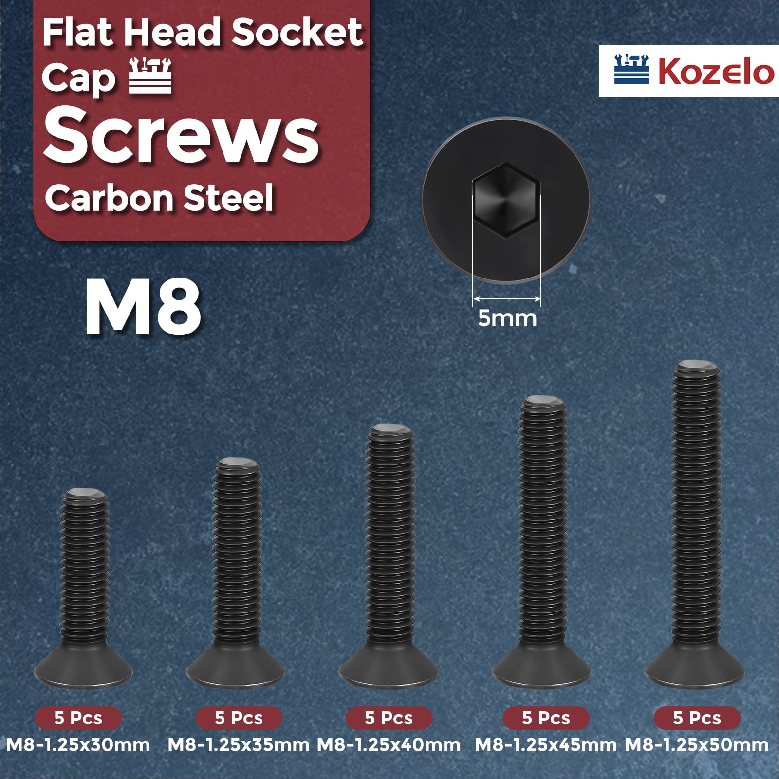Uxcell 25 Pcs Flat Socket Cap Screws - [M8x1.25x30/35/40/45/50], Carbon Steel Countersunk Bolt, Black, for Automotive, Furniture Repair, Industrial Equipment Fixes