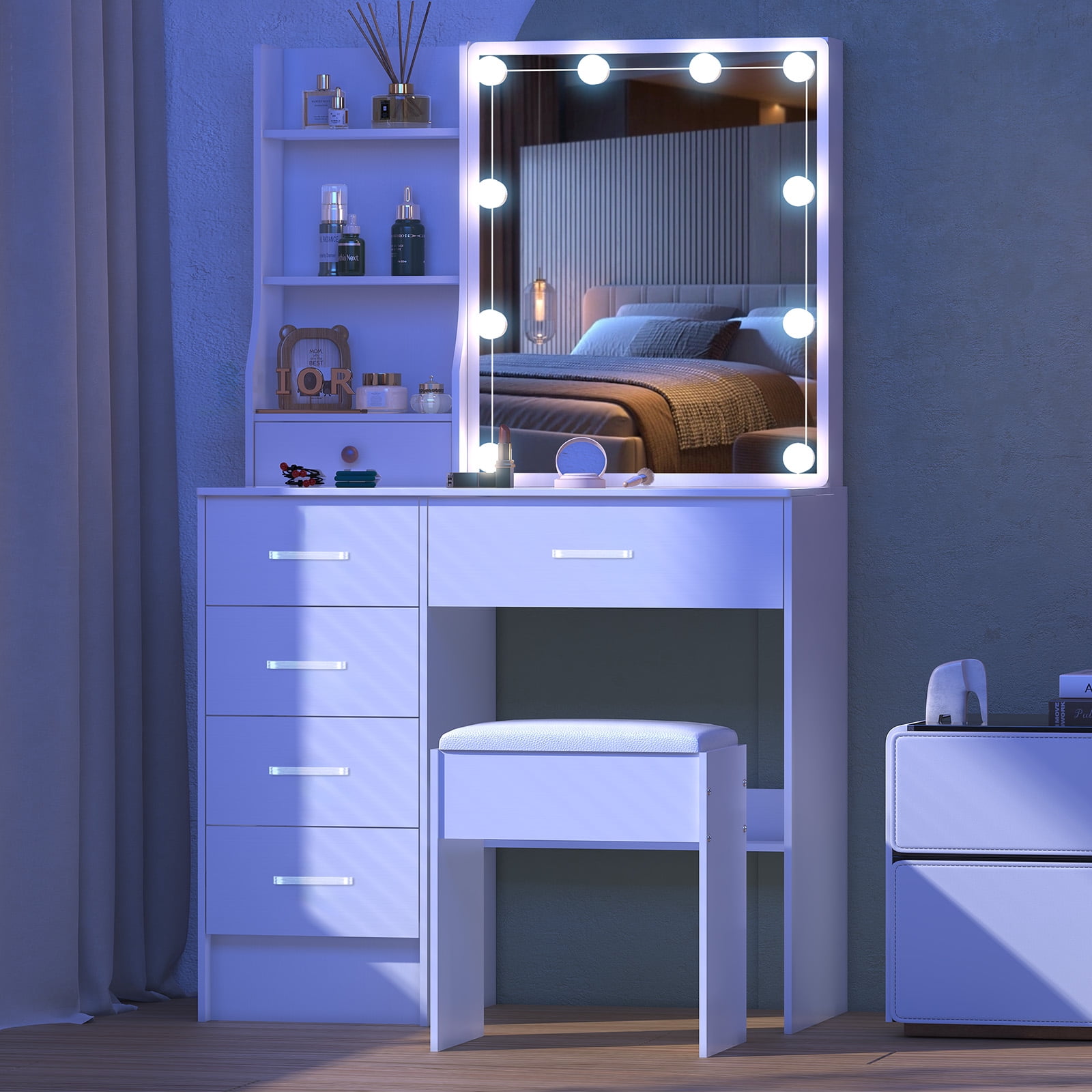 Caulitar Modern Makeup Vanity Set with Lights and Mirror, Vanity Desk with 6-Drawers and Stool, White