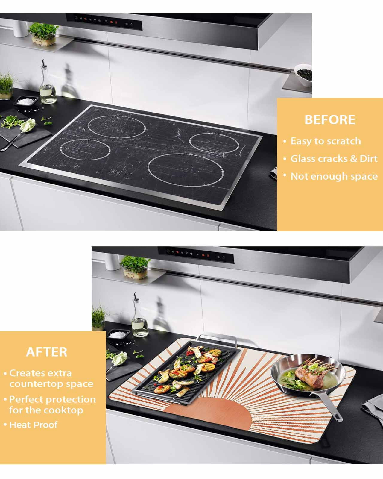 nqOlkjepod Large Induction Cooktop Protector Mat 24"x21", Abstract Art Stove Top Covers for Electric Stove, Orange Lines Simple Retro Middle Century Stove Burner Cover Mats, Glass Top Stove Cover